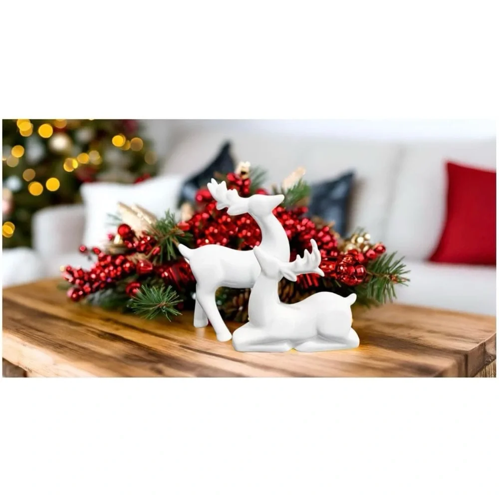NEW West Elm Modern White Ceramic Deer Holiday Christmas Figurines Set of 2